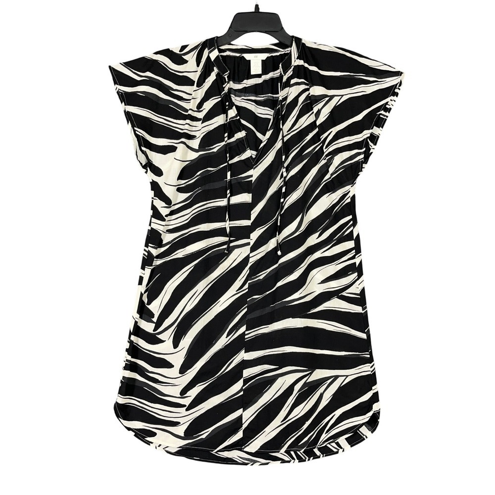 HM Zebra Print V Neck Tie Neck Cap Sleeve Cotton Tunic‎ Blouse XS Womens